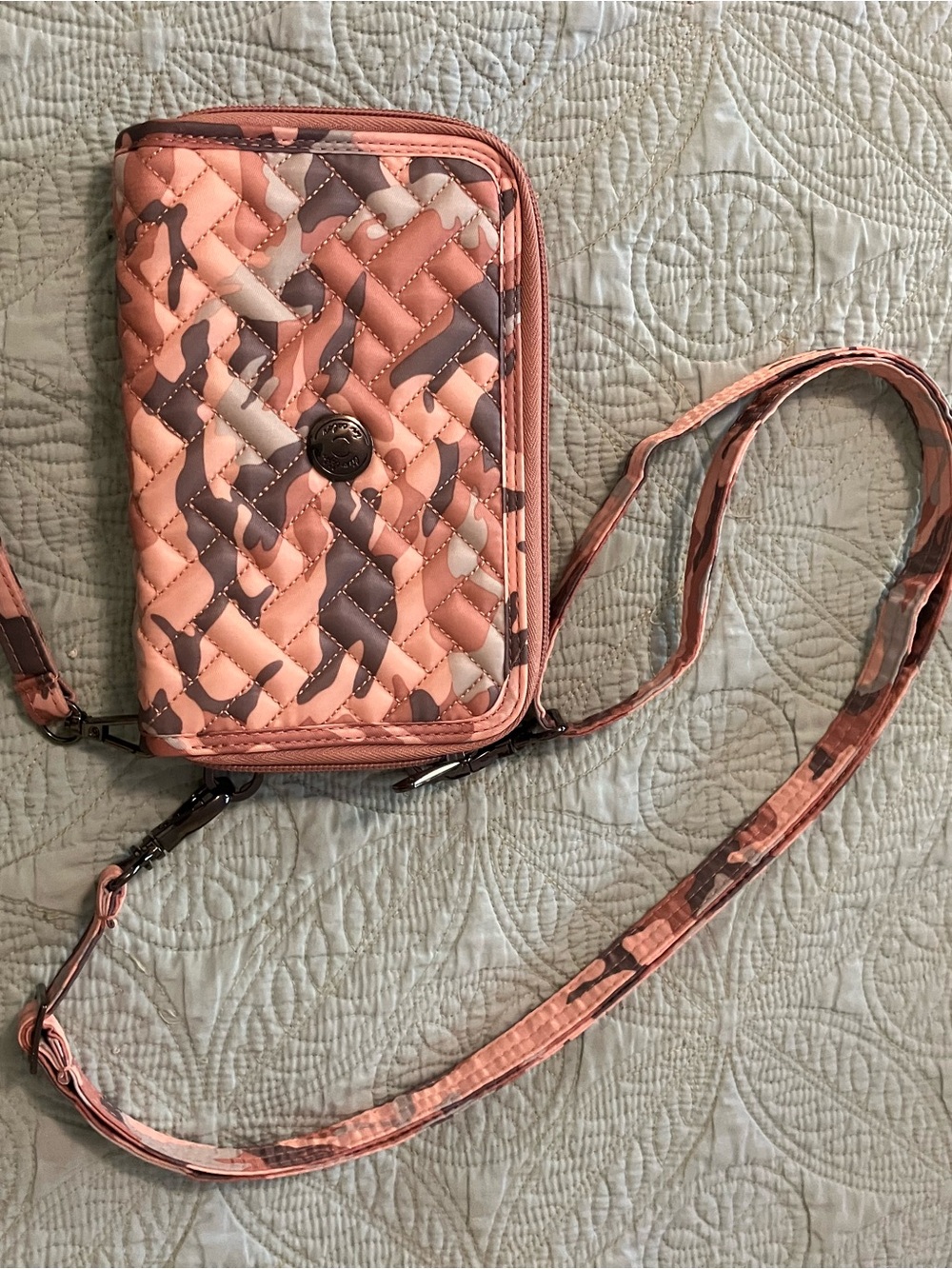 lug Quickstep Quilted Crossbody Phone Wallet in pink and Taupe Camo